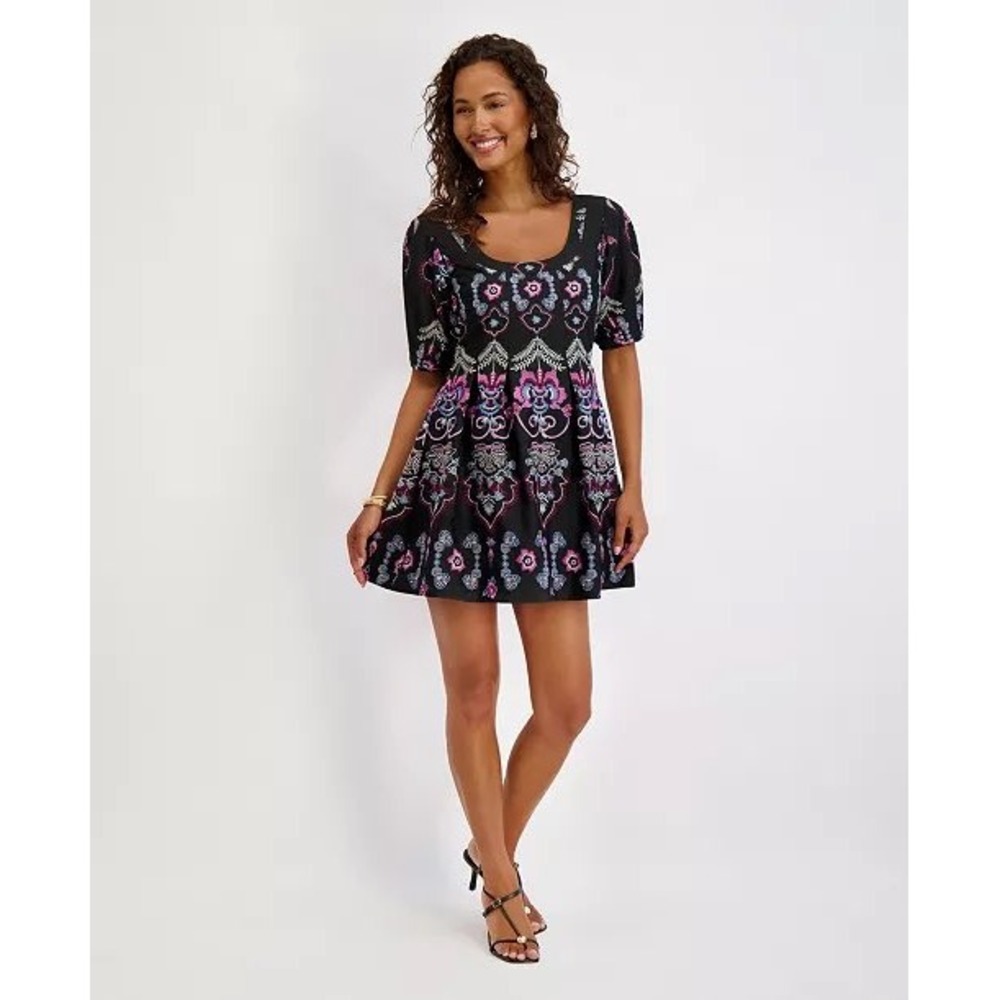Kensie Womens Embroidered Fit and Flare Mini Dress Black Pink Blue Size 10 NWT